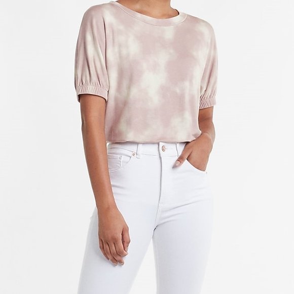 *NWT* Express Tie Dye Pink & Cream Short Sleeve Bubble Sweatshirt - Size XS-XXS - Picture 1 of 16
